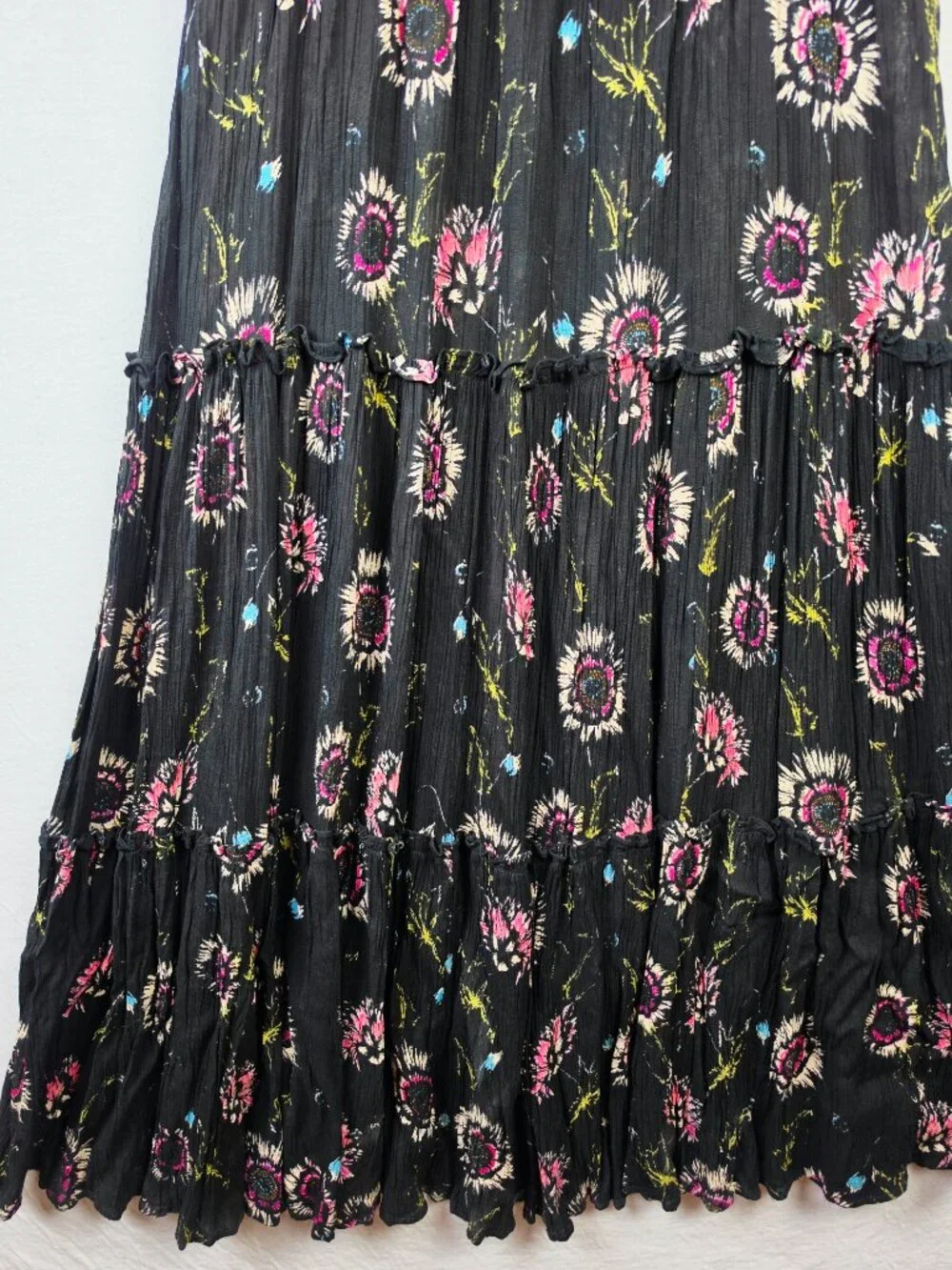 Free People Intimately Garden Party Maxi Dress Tiered Black Floral Boho size M
